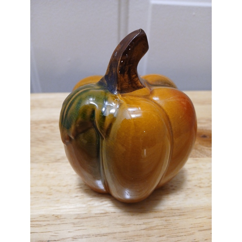 Ceramic Glazed Pumpkin Halloween Thanksgiving 4.5" x 3.5" Orange Brown Green